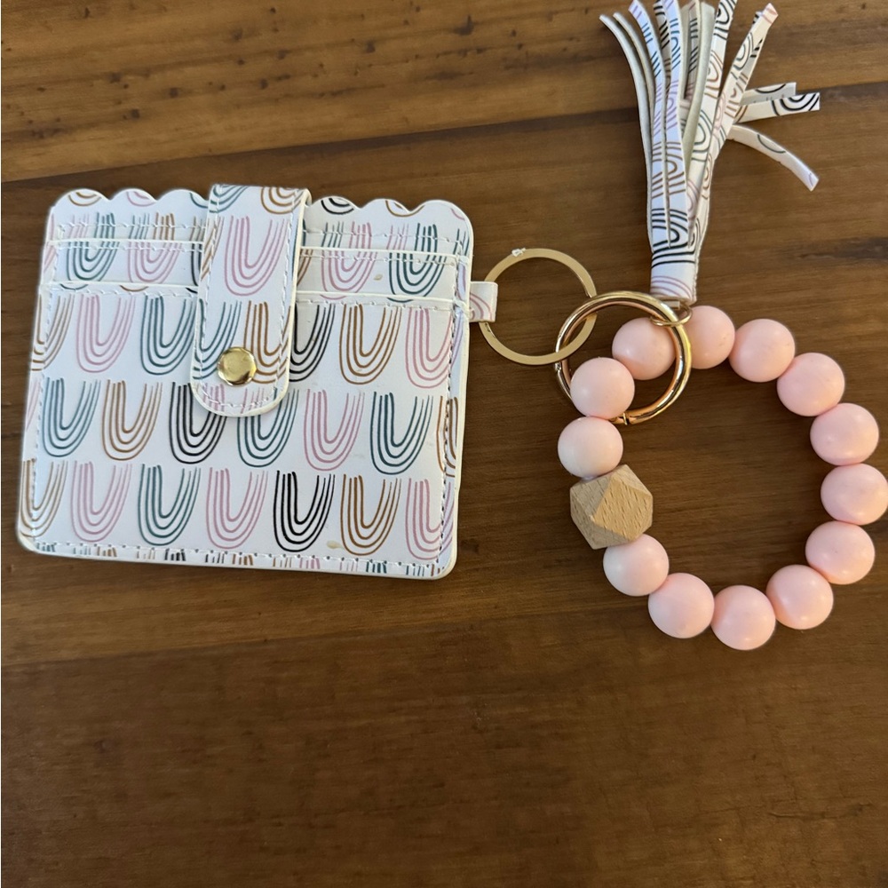 Patterned Card Holder with Pink Beaded Keychain